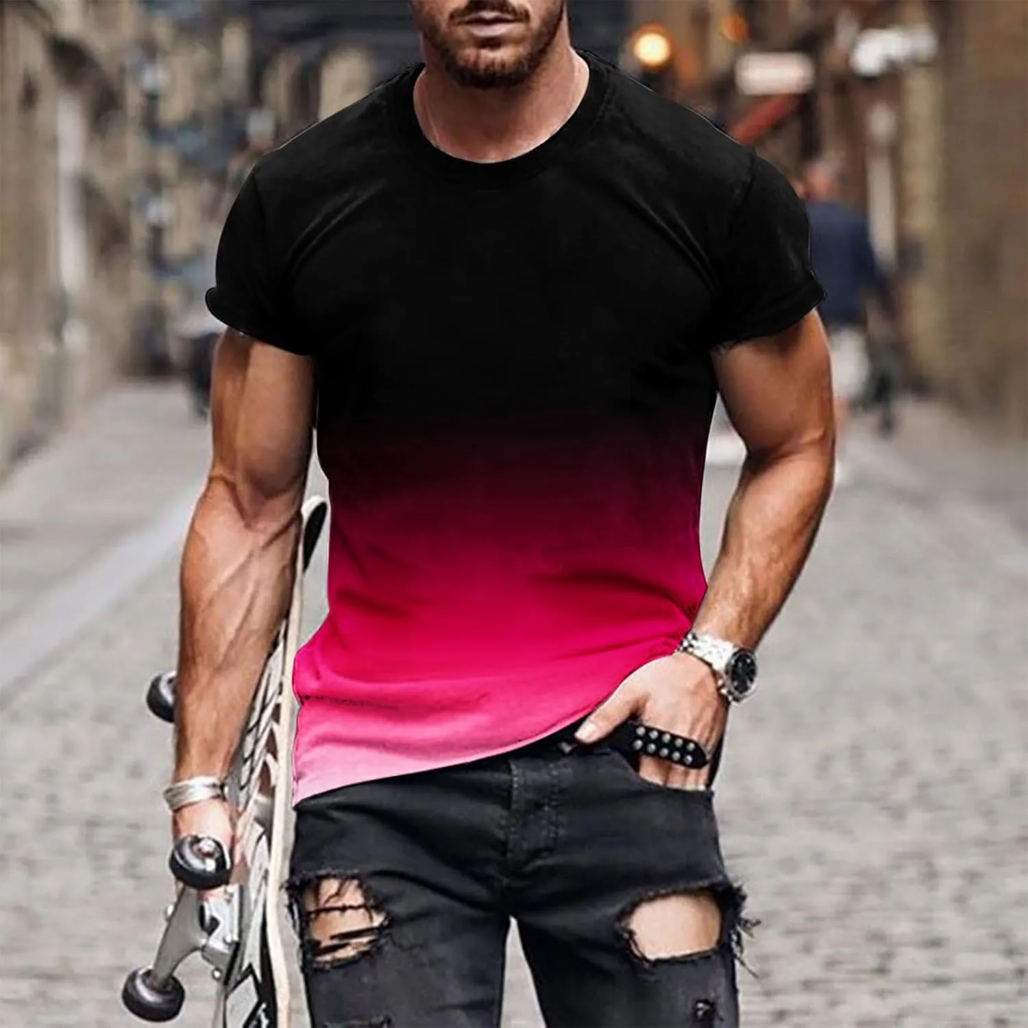 Muscularfit Mens Tshirts Graphic Big and Tall Short Sleeve Athletic Shirt Summer Fashion Gradient Color Crewneck Pullover Tee