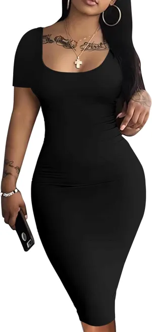 Nimsruc Womens Summer Casual Sexy Short Sleeve Bodycon Dress Basic Pencil Midi Club Dresses