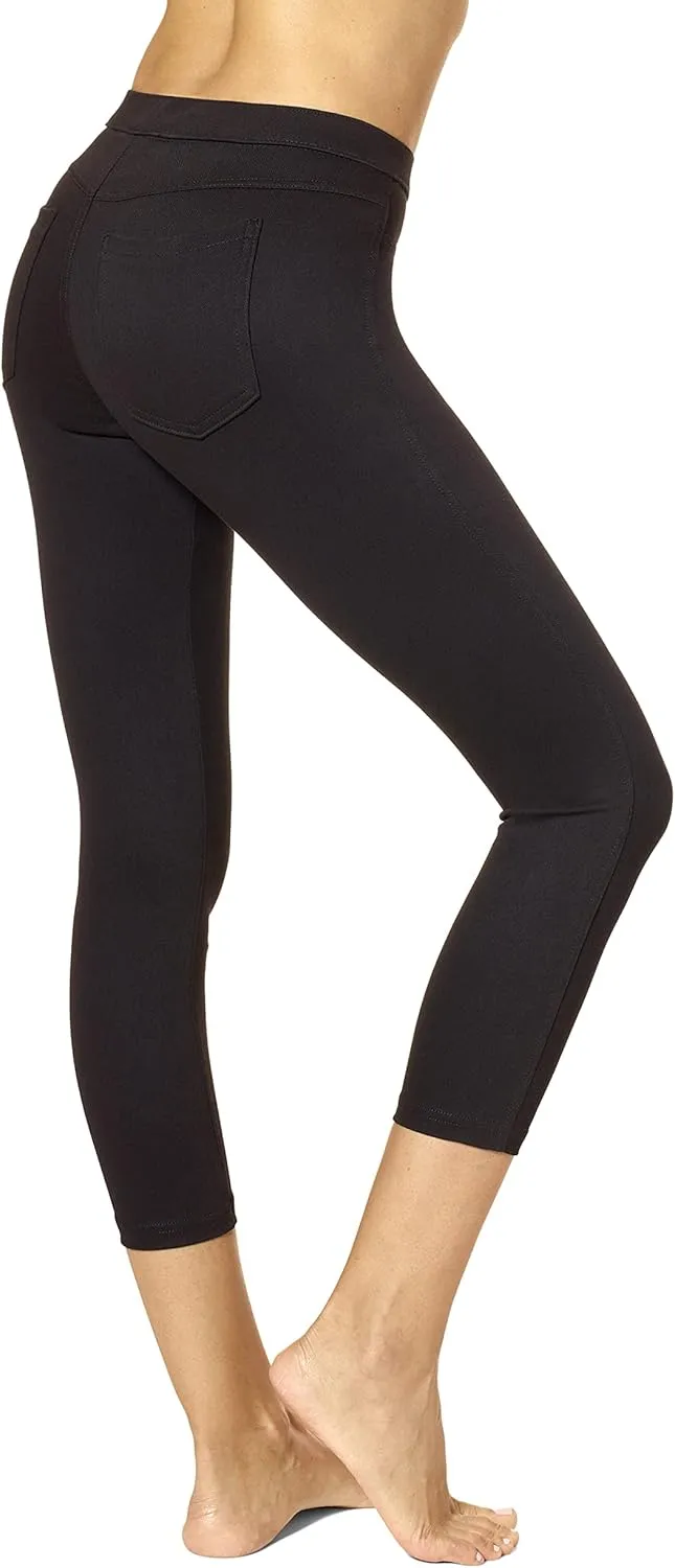 No Nonsense Women's Classic Denim Capri Leggings with Pockets, Comfortable Stretch Pull on Pants