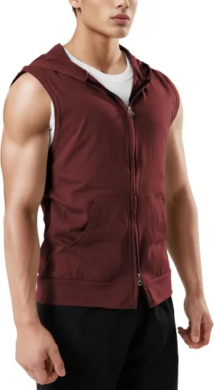 Ohoo Men's Slim Fit Workout Hooded Tank Tops Two Way Zip Up Sleeveless Gym Shirts Bodybuilding Hoodies 100% Cotton