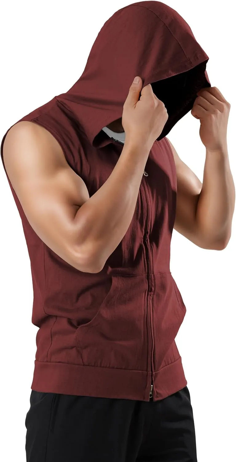 Ohoo Men's Slim Fit Workout Hooded Tank Tops Two Way Zip Up Sleeveless Gym Shirts Bodybuilding Hoodies 100% Cotton