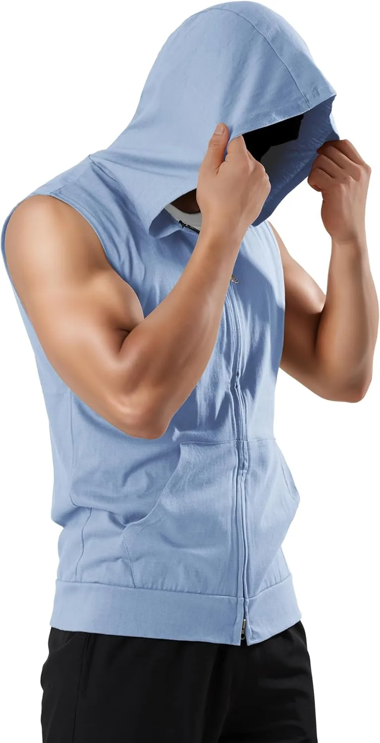 Ohoo Men's Slim Fit Workout Hooded Tank Tops Two Way Zip Up Sleeveless Gym Shirts Bodybuilding Hoodies 100% Cotton