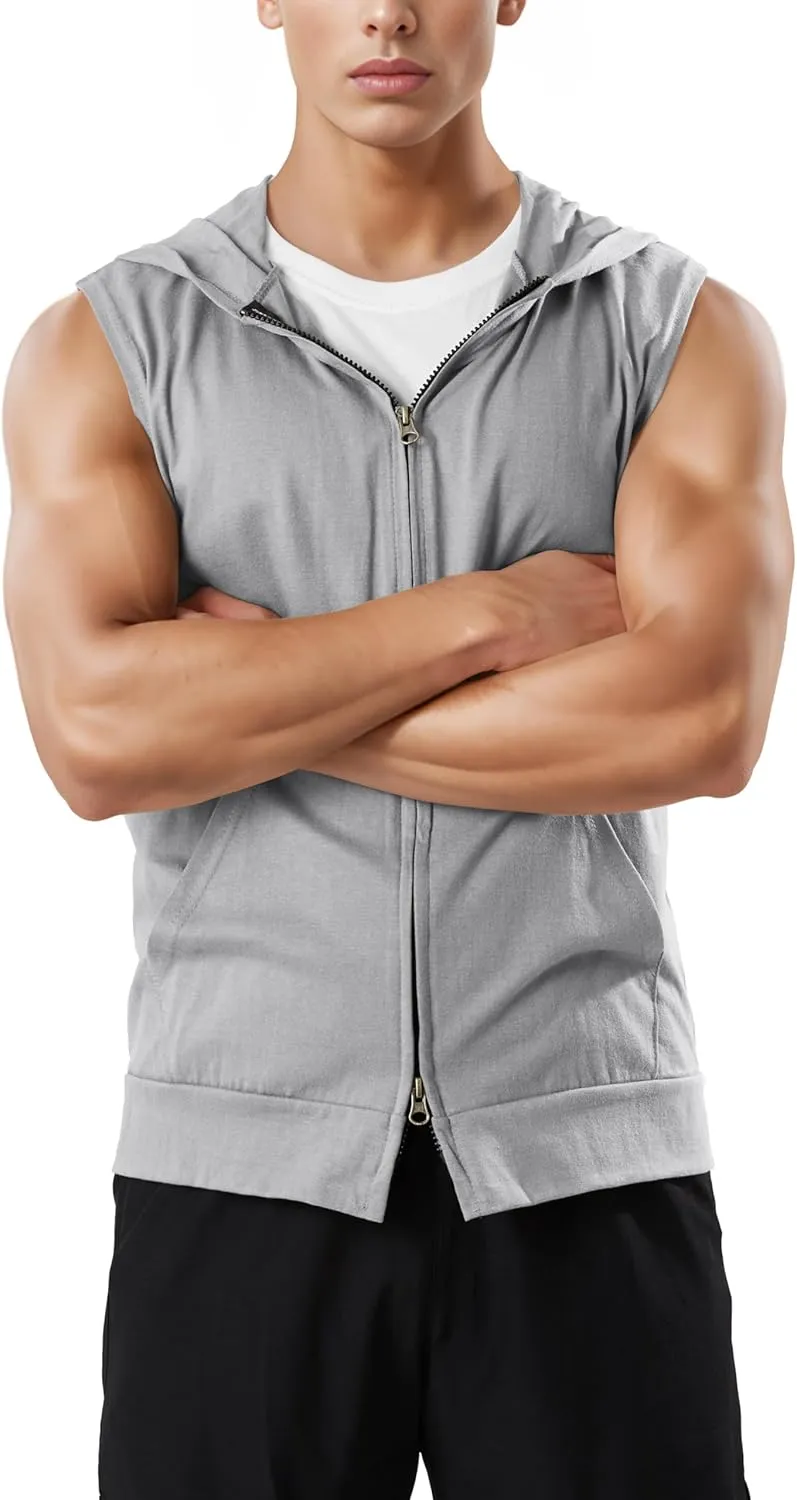 Ohoo Men's Slim Fit Workout Hooded Tank Tops Two Way Zip Up Sleeveless Gym Shirts Bodybuilding Hoodies 100% Cotton