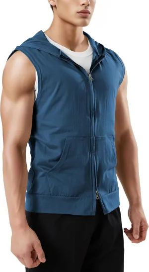 Ohoo Men's Slim Fit Workout Hooded Tank Tops Two Way Zip Up Sleeveless Gym Shirts Bodybuilding Hoodies 100% Cotton