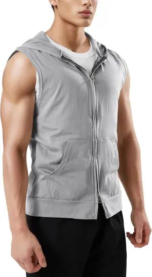 Ohoo Men's Slim Fit Workout Hooded Tank Tops Two Way Zip Up Sleeveless Gym Shirts Bodybuilding Hoodies 100% Cotton