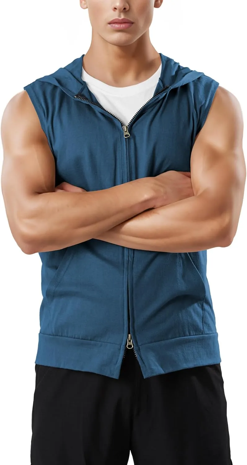 Ohoo Men's Slim Fit Workout Hooded Tank Tops Two Way Zip Up Sleeveless Gym Shirts Bodybuilding Hoodies 100% Cotton