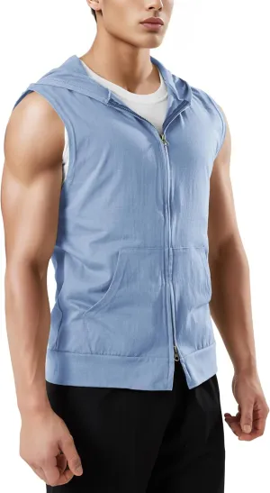 Ohoo Men's Slim Fit Workout Hooded Tank Tops Two Way Zip Up Sleeveless Gym Shirts Bodybuilding Hoodies 100% Cotton