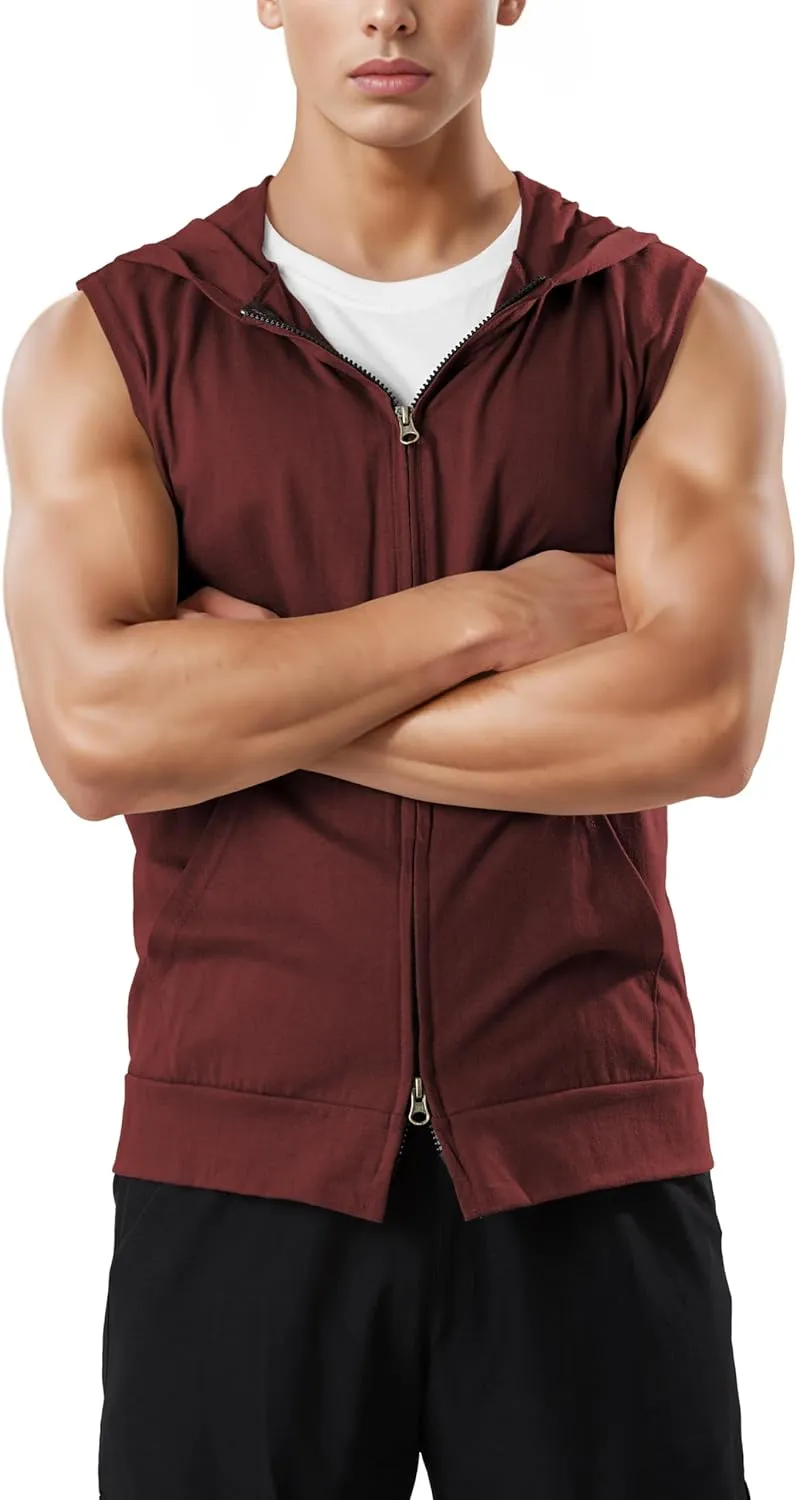 Ohoo Men's Slim Fit Workout Hooded Tank Tops Two Way Zip Up Sleeveless Gym Shirts Bodybuilding Hoodies 100% Cotton