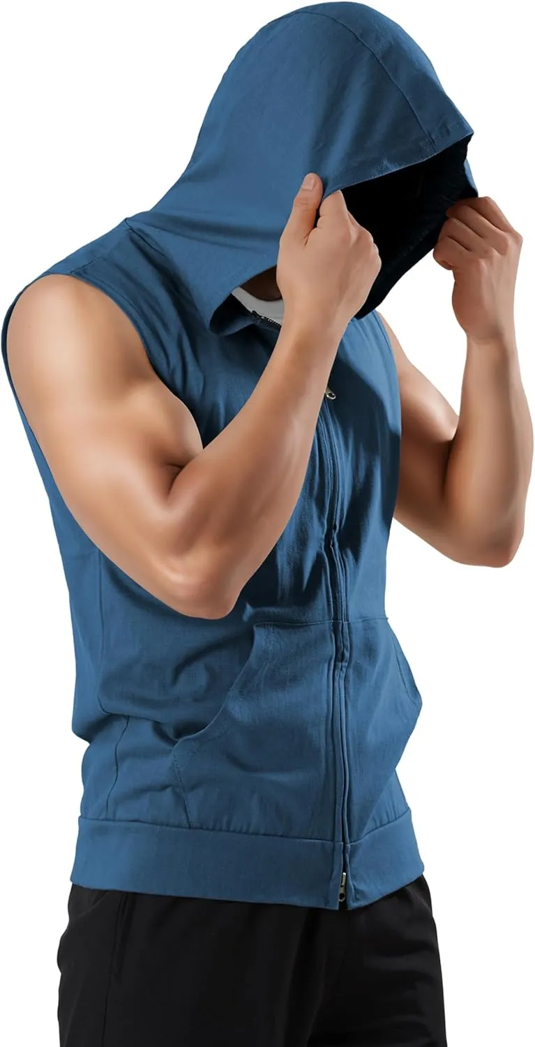 Ohoo Men's Slim Fit Workout Hooded Tank Tops Two Way Zip Up Sleeveless Gym Shirts Bodybuilding Hoodies 100% Cotton