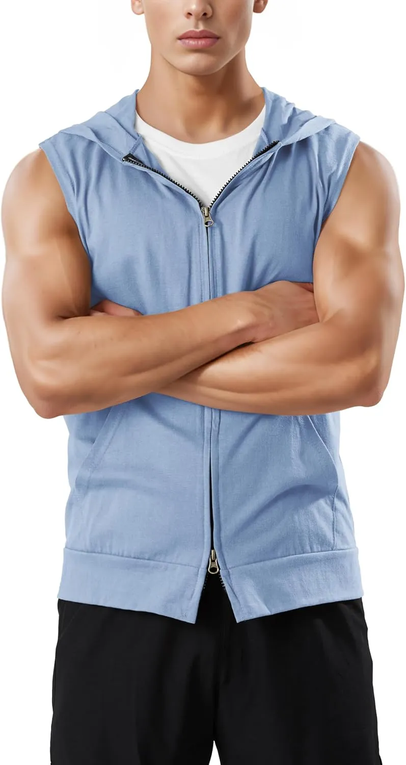 Ohoo Men's Slim Fit Workout Hooded Tank Tops Two Way Zip Up Sleeveless Gym Shirts Bodybuilding Hoodies 100% Cotton
