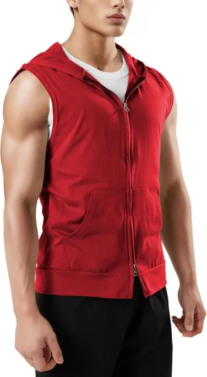 Ohoo Men's Slim Fit Workout Hooded Tank Tops Two Way Zip Up Sleeveless Gym Shirts Bodybuilding Hoodies 100% Cotton