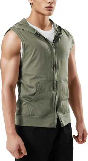 Ohoo Men's Slim Fit Workout Hooded Tank Tops Two Way Zip Up Sleeveless Gym Shirts Bodybuilding Hoodies 100% Cotton