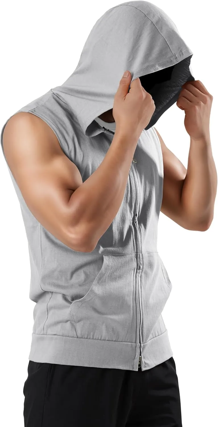 Ohoo Men's Slim Fit Workout Hooded Tank Tops Two Way Zip Up Sleeveless Gym Shirts Bodybuilding Hoodies 100% Cotton