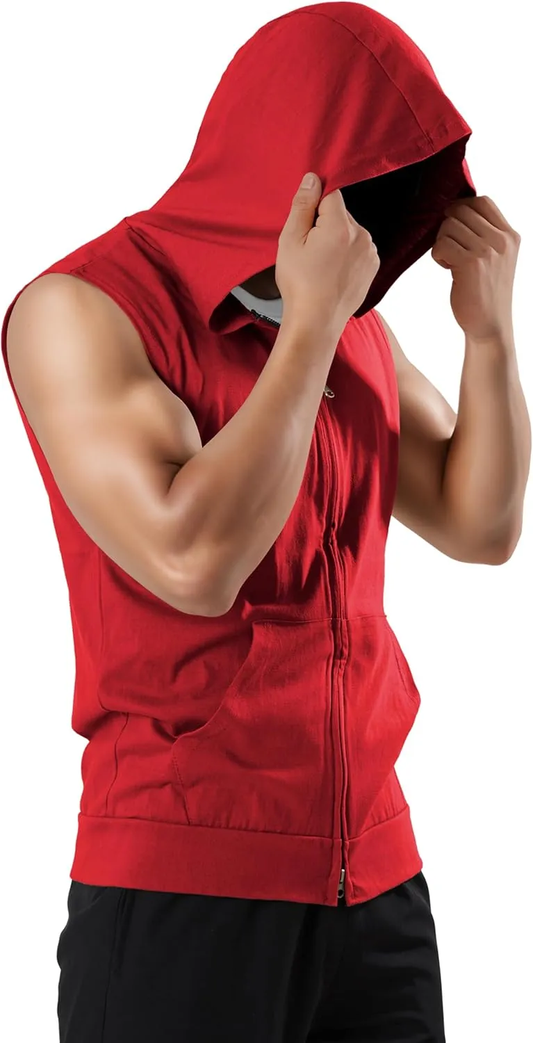 Ohoo Men's Slim Fit Workout Hooded Tank Tops Two Way Zip Up Sleeveless Gym Shirts Bodybuilding Hoodies 100% Cotton