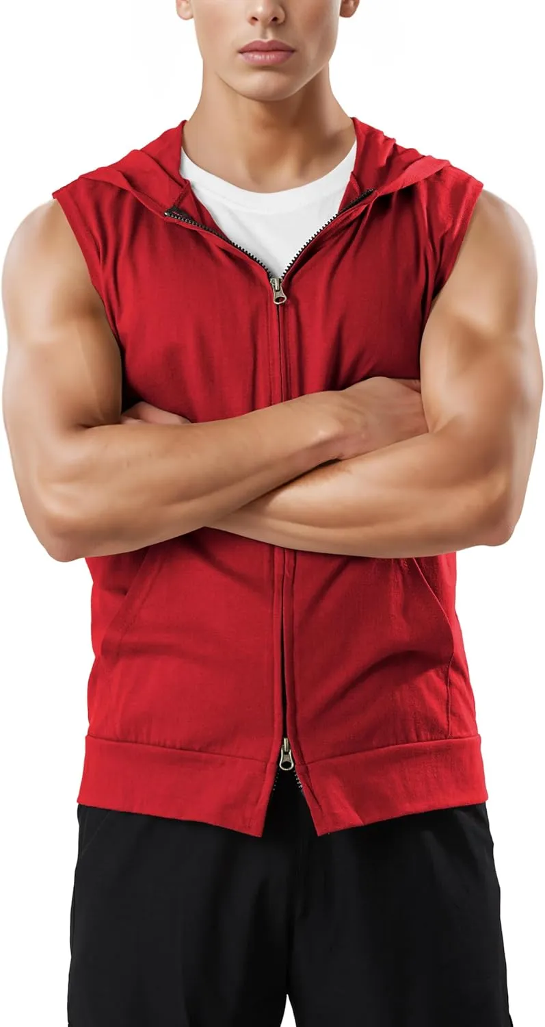 Ohoo Men's Slim Fit Workout Hooded Tank Tops Two Way Zip Up Sleeveless Gym Shirts Bodybuilding Hoodies 100% Cotton