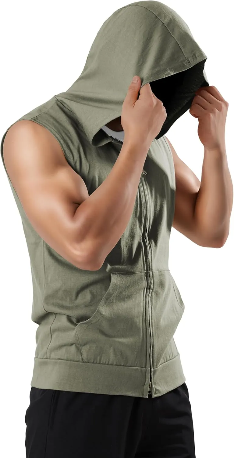 Ohoo Men's Slim Fit Workout Hooded Tank Tops Two Way Zip Up Sleeveless Gym Shirts Bodybuilding Hoodies 100% Cotton