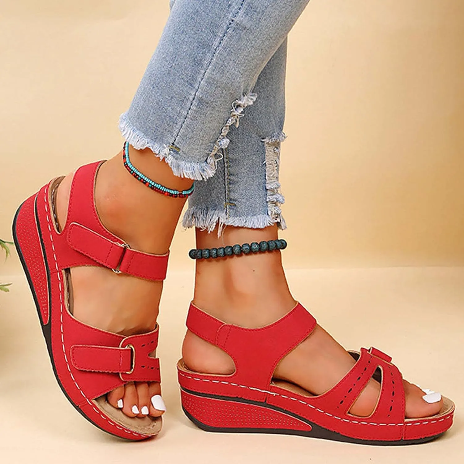 Orthopedic Sandals for Women Low Heel Dressy Elastic Ankle Strap Sandals Fashion Breathable Summer Casual Shoes