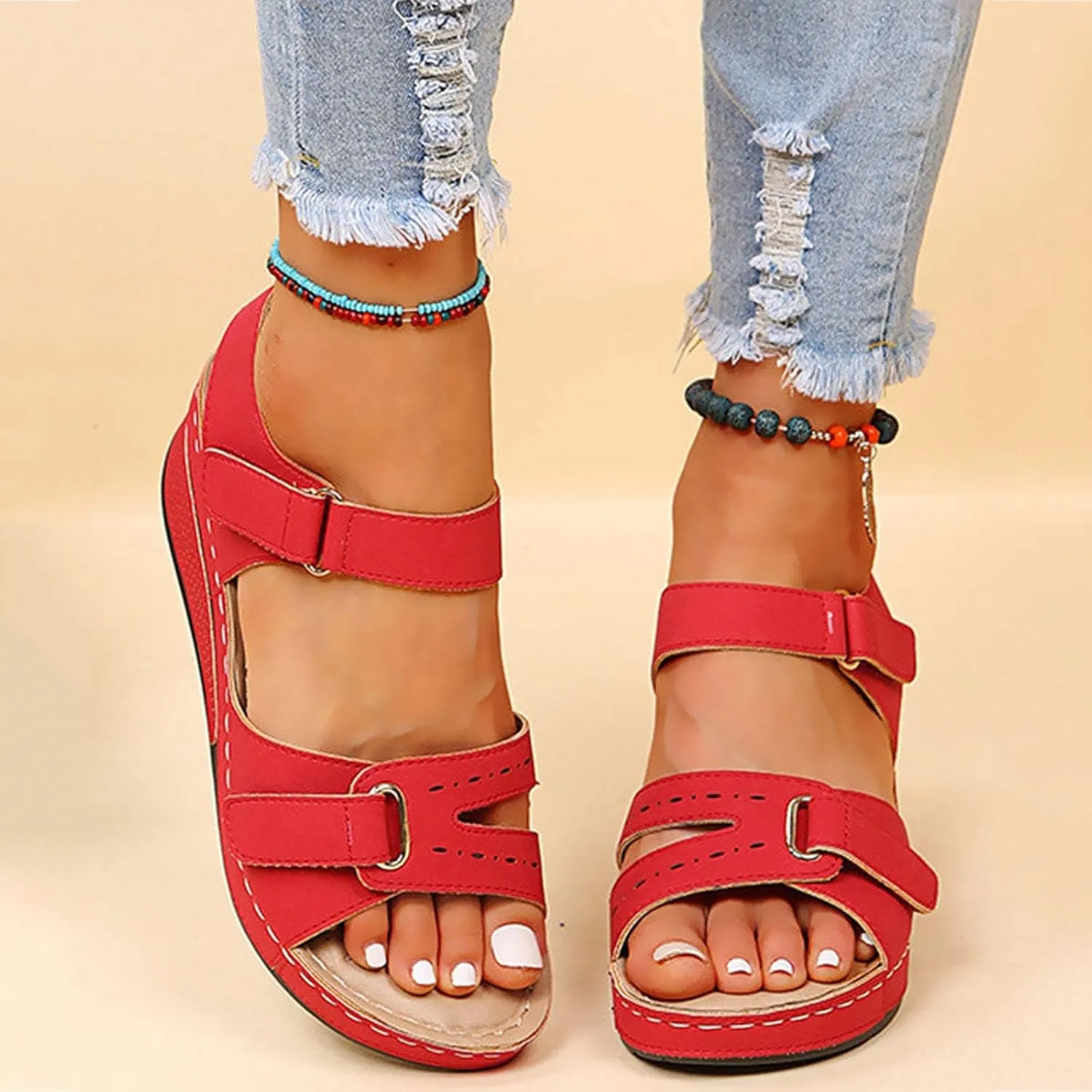 Orthopedic Sandals for Women Low Heel Dressy Elastic Ankle Strap Sandals Fashion Breathable Summer Casual Shoes