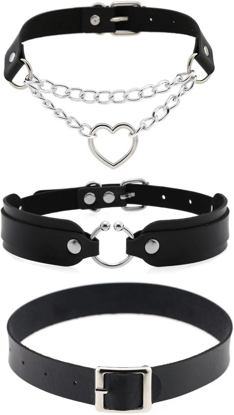 Outman Pack of 3Pcs Leather Punk Goth Choker Necklaces Collar Necklaces Collarbone Chain for Women
