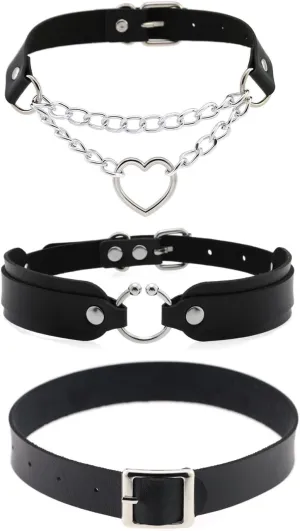 Outman Pack of 3Pcs Leather Punk Goth Choker Necklaces Collar Necklaces Collarbone Chain for Women