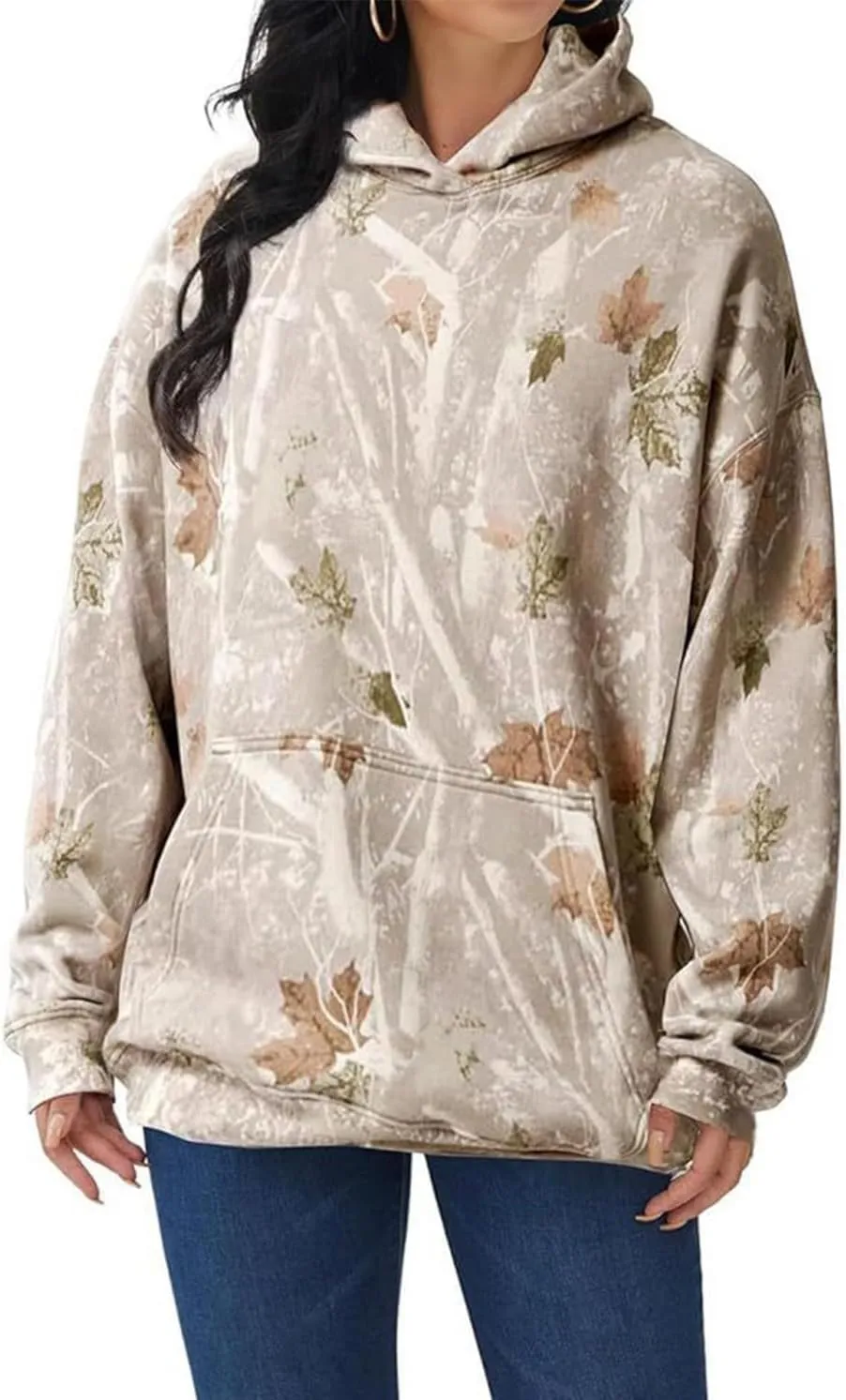 Oversize Camo Maple Leaf Branch Hoodies for Men Women Y2K Baggy Fleece Hooded Sweatshirt Pullover with Pocket