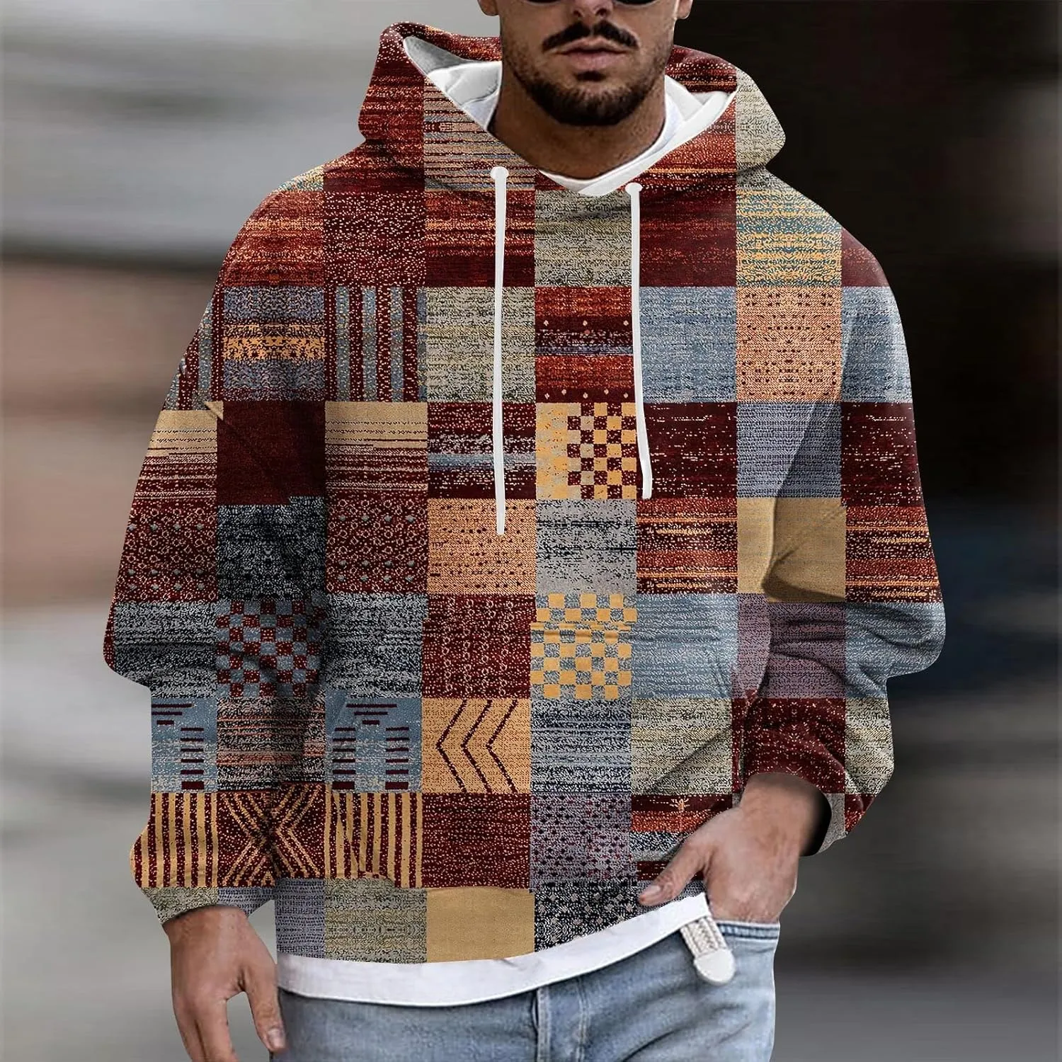 Oversized Hoodie Men Print Plush Warm Fleece Casual Pocket Sweater Winter Coat