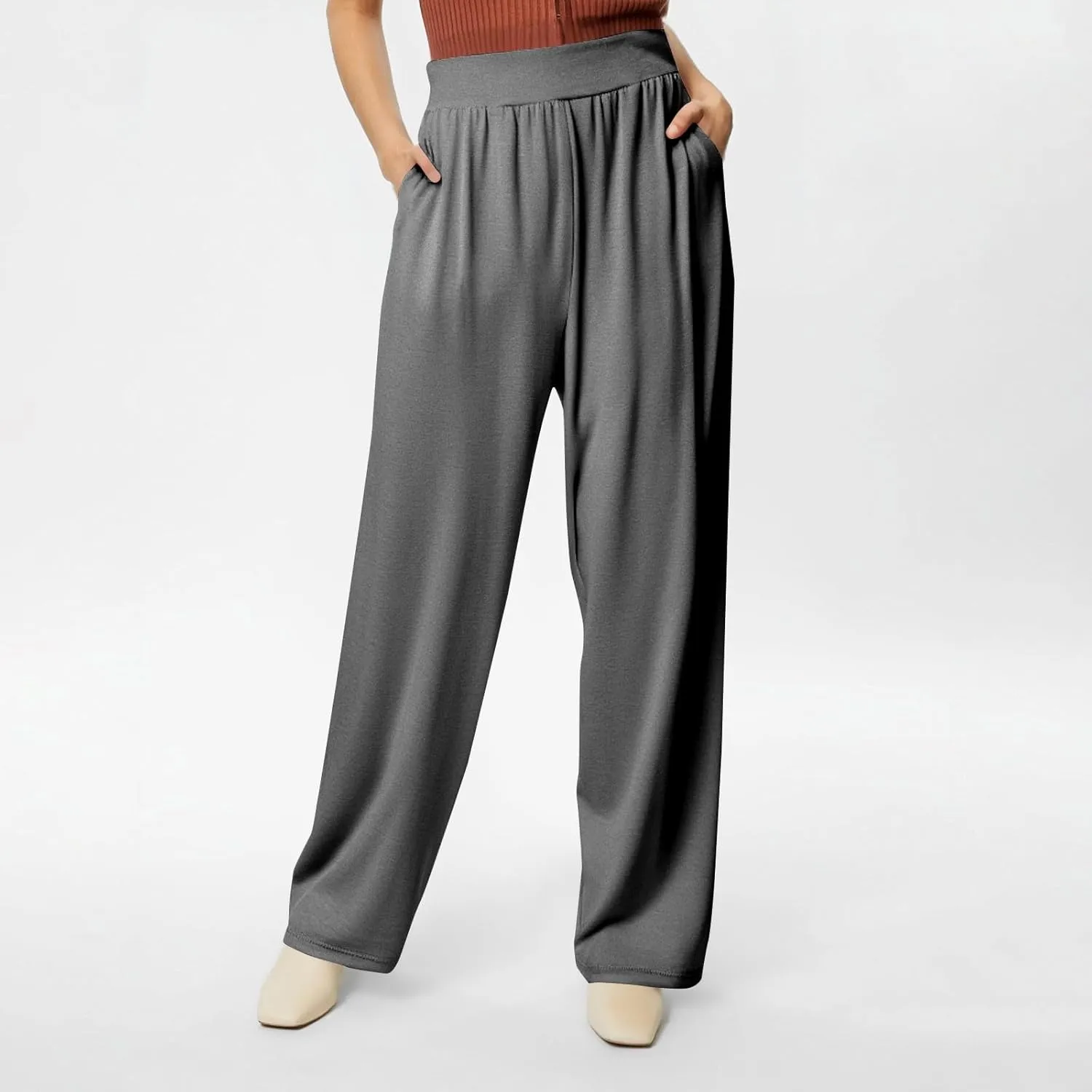 Pants for Women Plus Size Long Wide Leg High Waisted Pants Flowy Pleated Pull On Vacation Trousers with Pockets