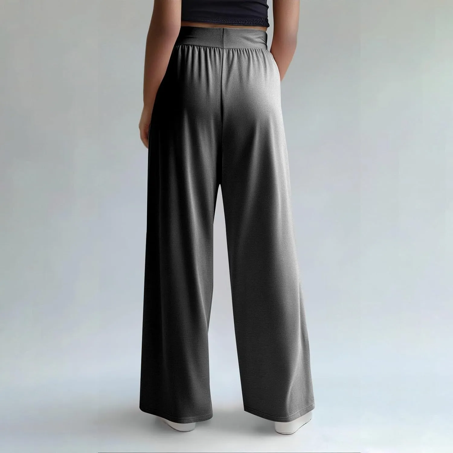 Pants for Women Plus Size Long Wide Leg High Waisted Pants Flowy Pleated Pull On Vacation Trousers with Pockets