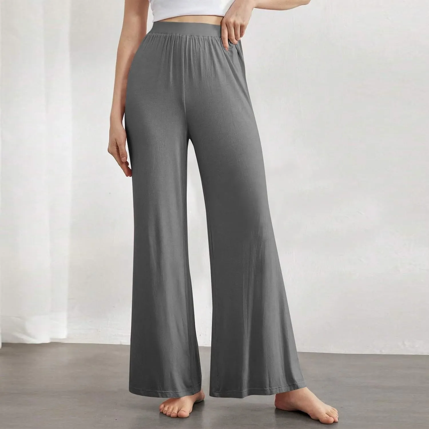 Pants for Women Plus Size Long Wide Leg High Waisted Pants Flowy Pleated Pull On Vacation Trousers with Pockets