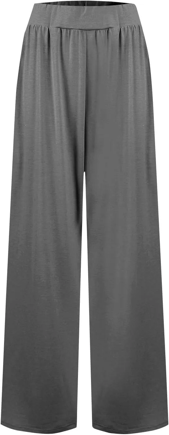 Pants for Women Plus Size Long Wide Leg High Waisted Pants Flowy Pleated Pull On Vacation Trousers with Pockets