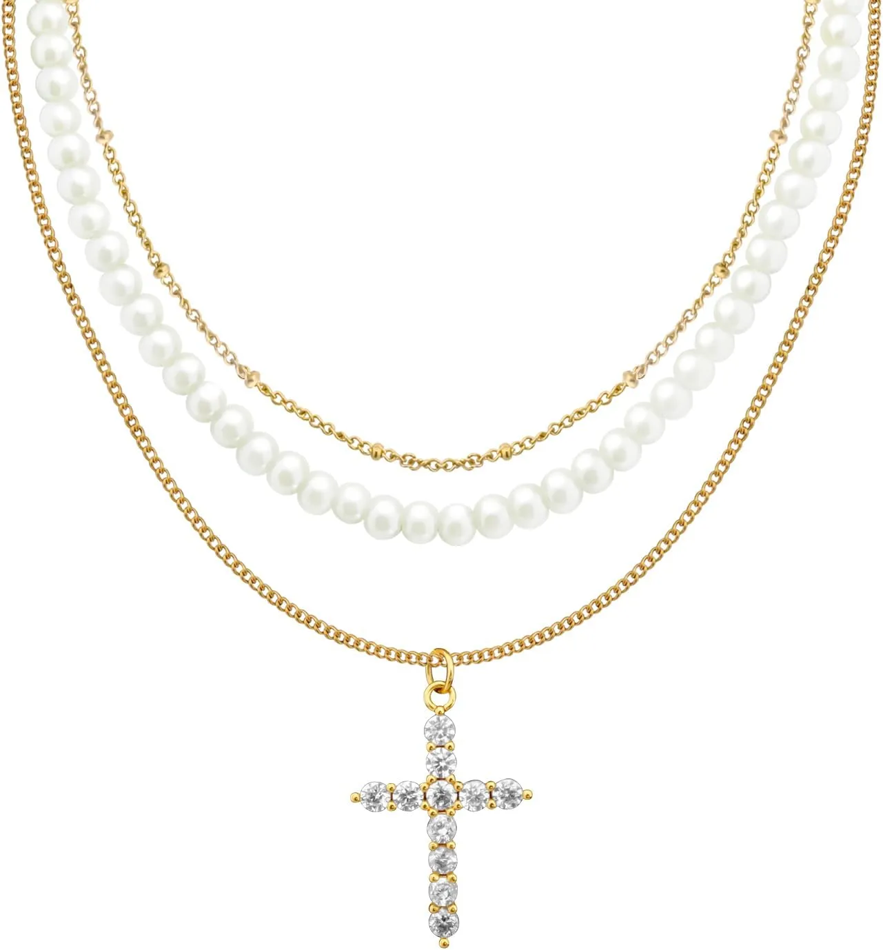 Pearl Layered Necklaces for Women, 14K Dainty Gold Necklace Pearl Cross Necklace Layering Chain Choker Jewelry Gift