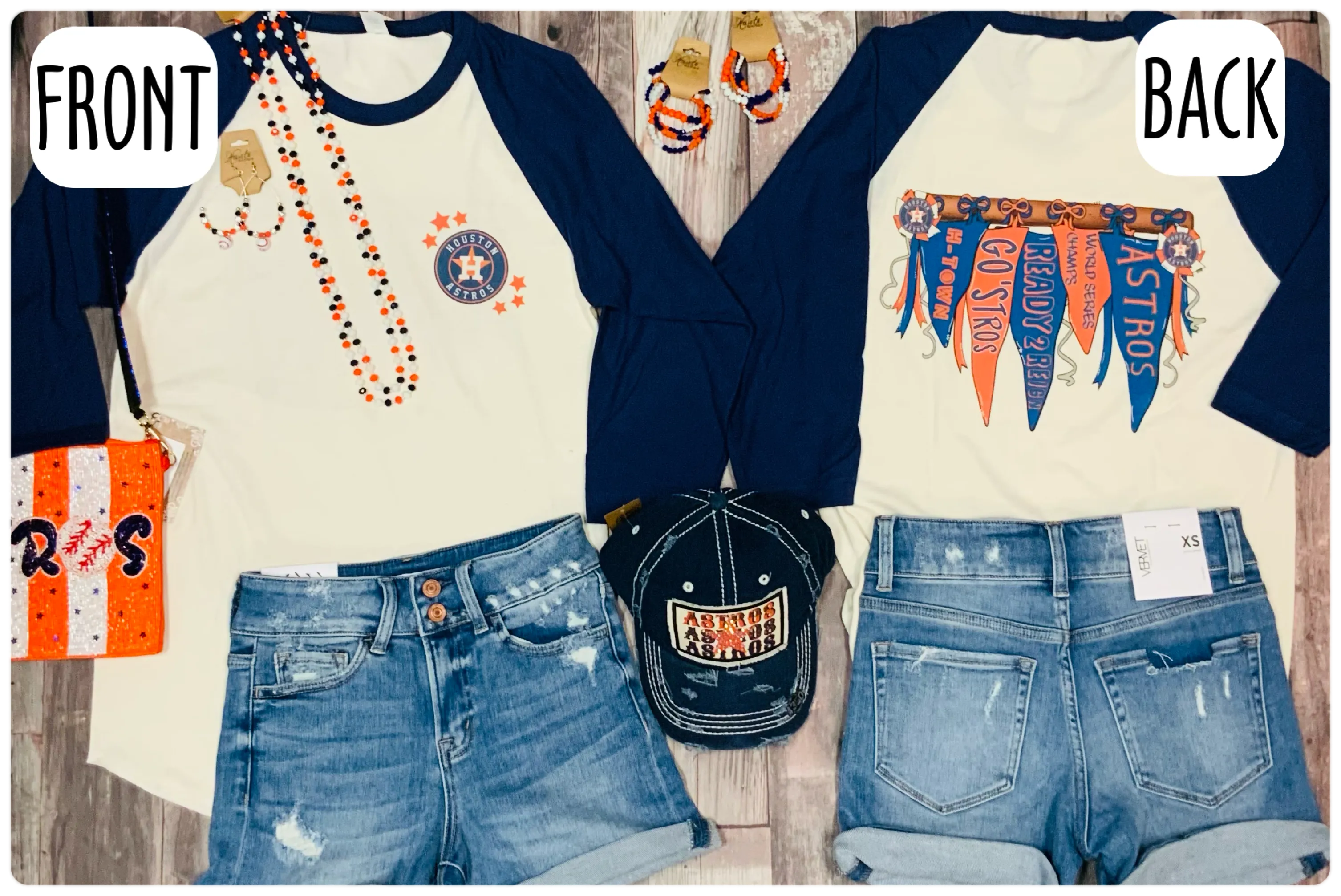 Pennant Astros Raglan Tee - Navy/Oatmeal