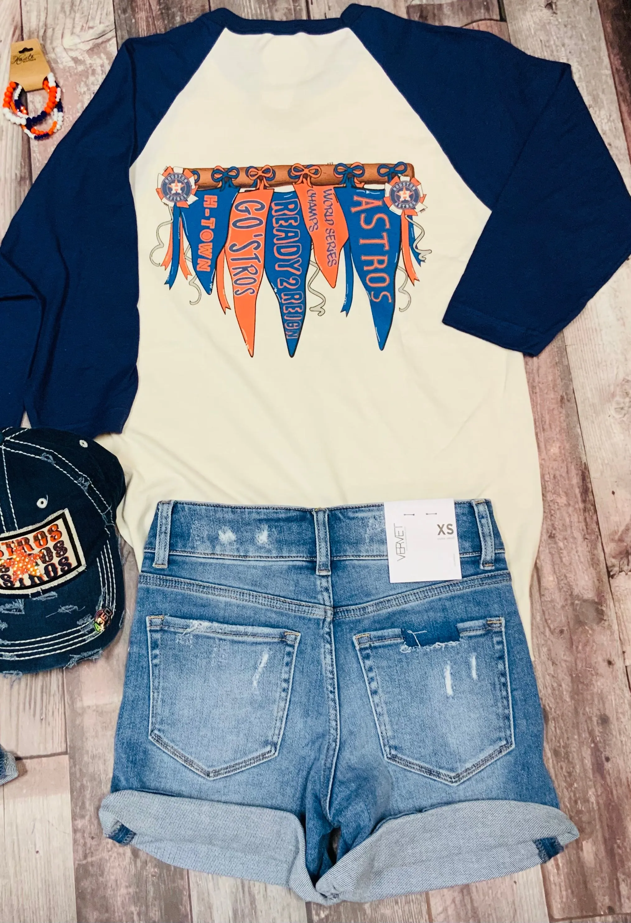Pennant Astros Raglan Tee - Navy/Oatmeal