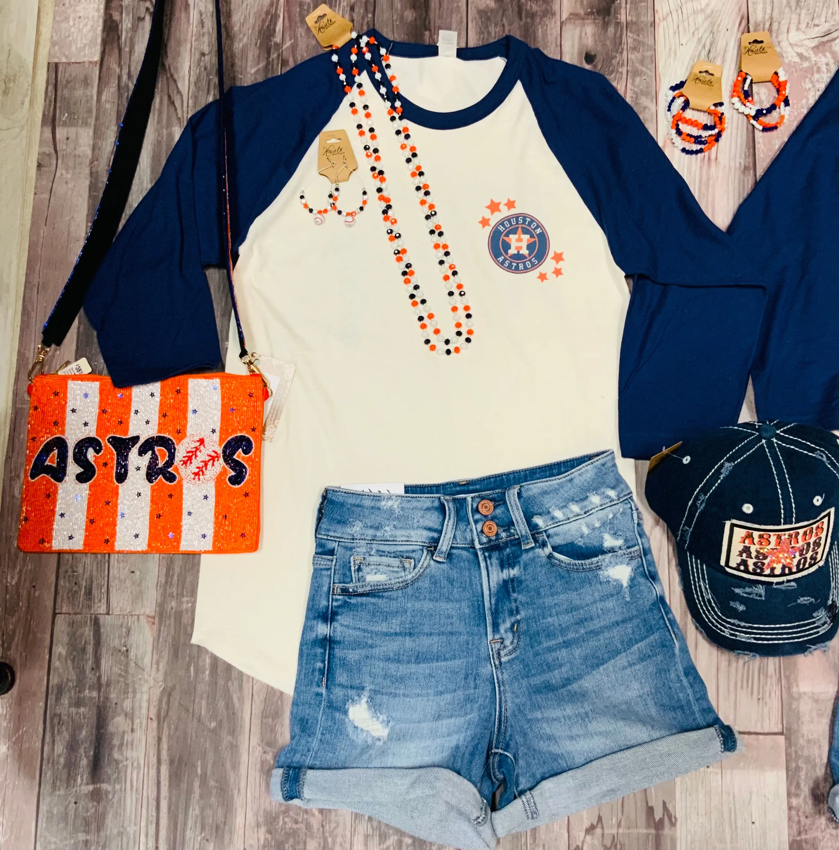 Pennant Astros Raglan Tee - Navy/Oatmeal