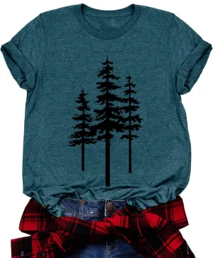 Pine Tree T Shirts for Women Nature Casual Shirts Funny Vintage Graphic Tees Green,XXL