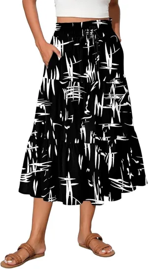 Pleated Skirts for Women Floral Print Midi Maxi Skirts 2025 Summer Casual Aline Elastic High Waist Flowy Long Skirt Pockets