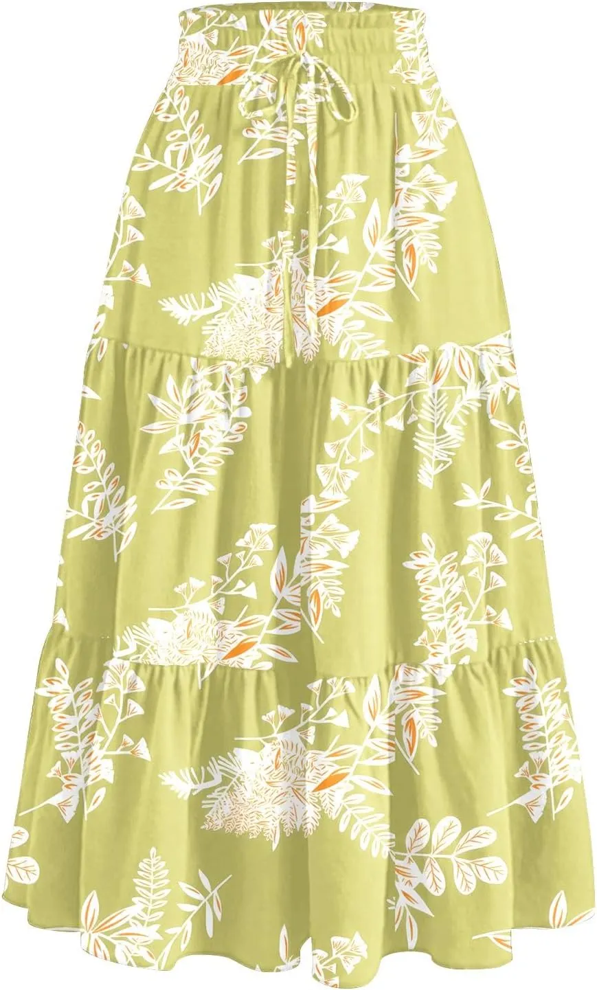 Pleated Skirts for Women Floral Print Midi Maxi Skirts 2025 Summer Casual Aline Elastic High Waist Flowy Long Skirt Pockets