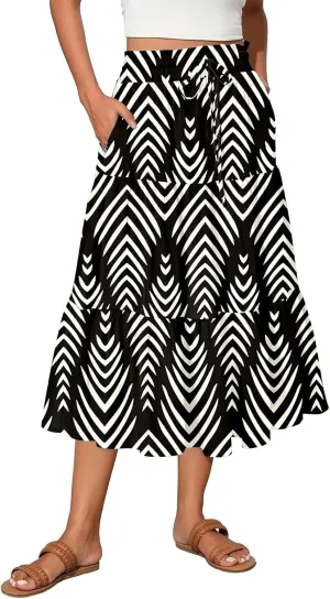 Pleated Skirts for Women Floral Print Midi Maxi Skirts 2025 Summer Casual Aline Elastic High Waist Flowy Long Skirt Pockets