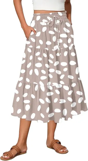 Pleated Skirts for Women Floral Print Midi Maxi Skirts 2025 Summer Casual Aline Elastic High Waist Flowy Long Skirt Pockets