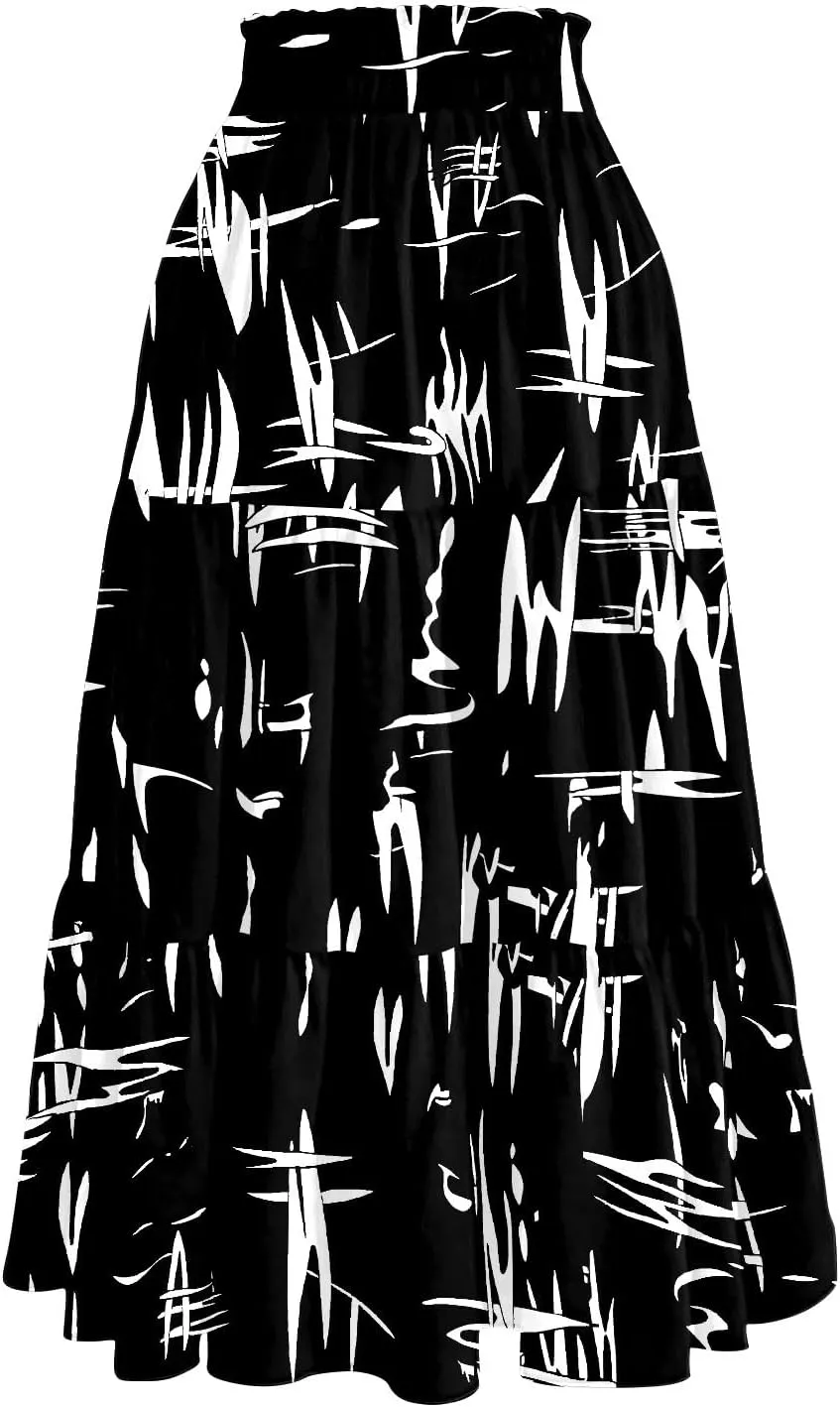 Pleated Skirts for Women Floral Print Midi Maxi Skirts 2025 Summer Casual Aline Elastic High Waist Flowy Long Skirt Pockets