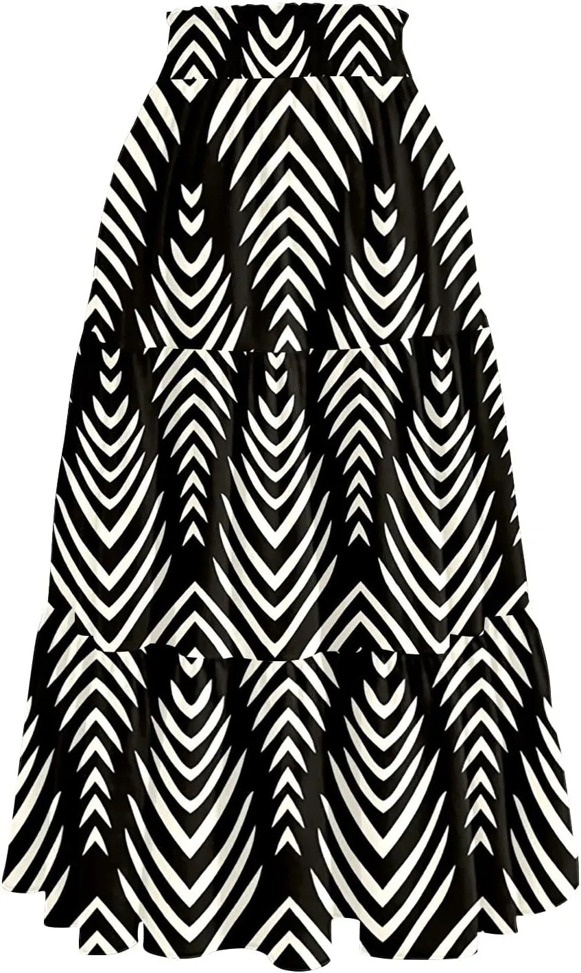 Pleated Skirts for Women Floral Print Midi Maxi Skirts 2025 Summer Casual Aline Elastic High Waist Flowy Long Skirt Pockets