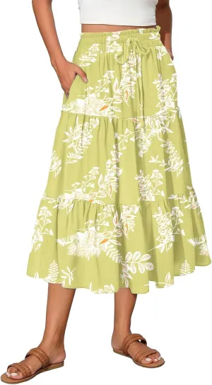 Pleated Skirts for Women Floral Print Midi Maxi Skirts 2025 Summer Casual Aline Elastic High Waist Flowy Long Skirt Pockets
