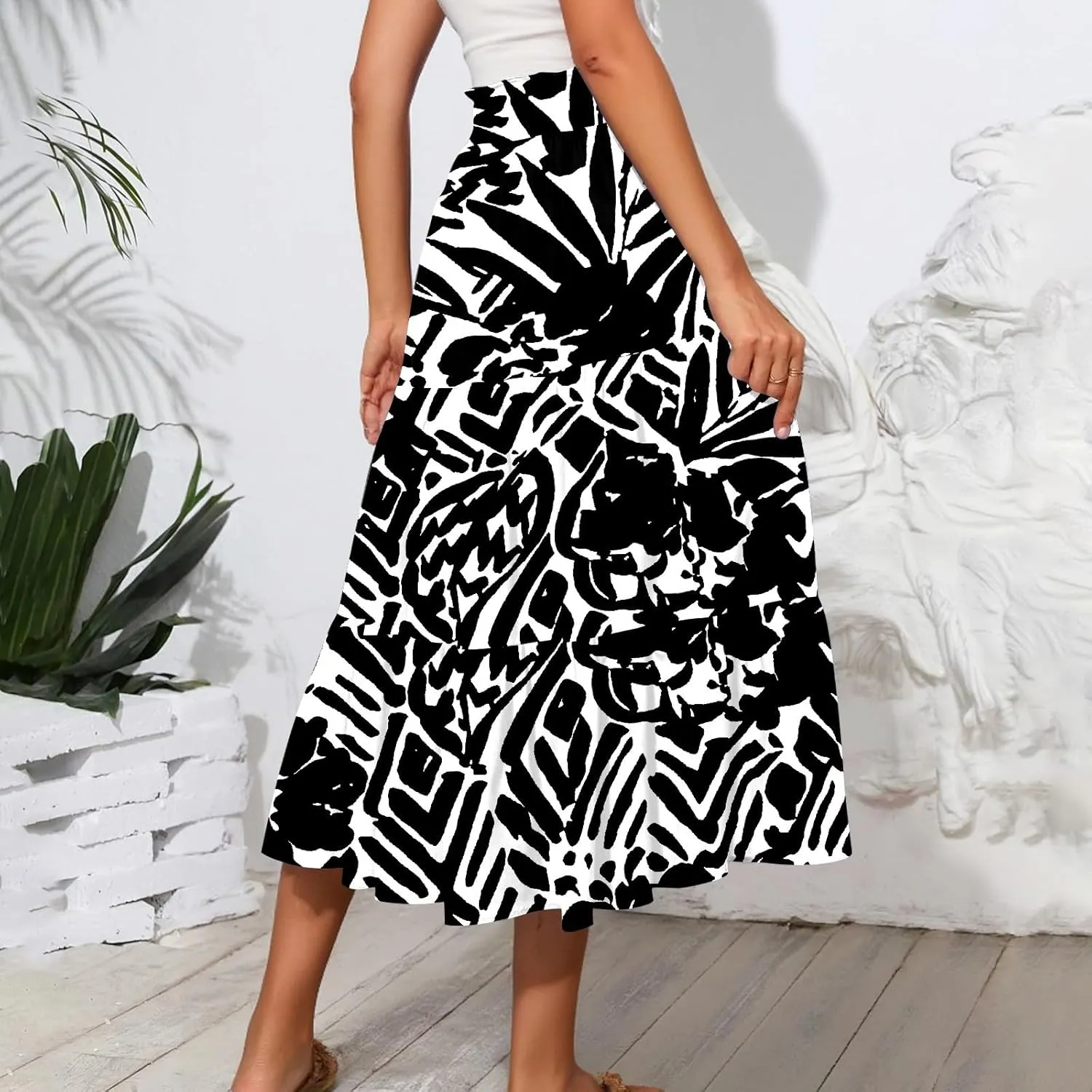 Pleated Skirts for Women Floral Print Midi Maxi Skirts 2025 Summer Casual Aline Elastic High Waist Flowy Long Skirt Pockets