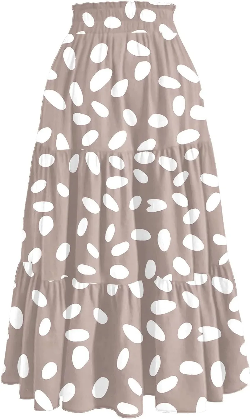 Pleated Skirts for Women Floral Print Midi Maxi Skirts 2025 Summer Casual Aline Elastic High Waist Flowy Long Skirt Pockets