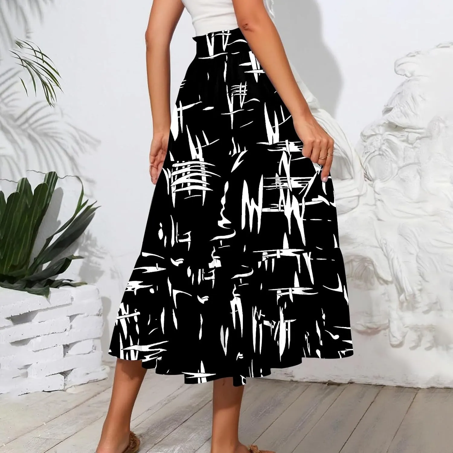 Pleated Skirts for Women Floral Print Midi Maxi Skirts 2025 Summer Casual Aline Elastic High Waist Flowy Long Skirt Pockets