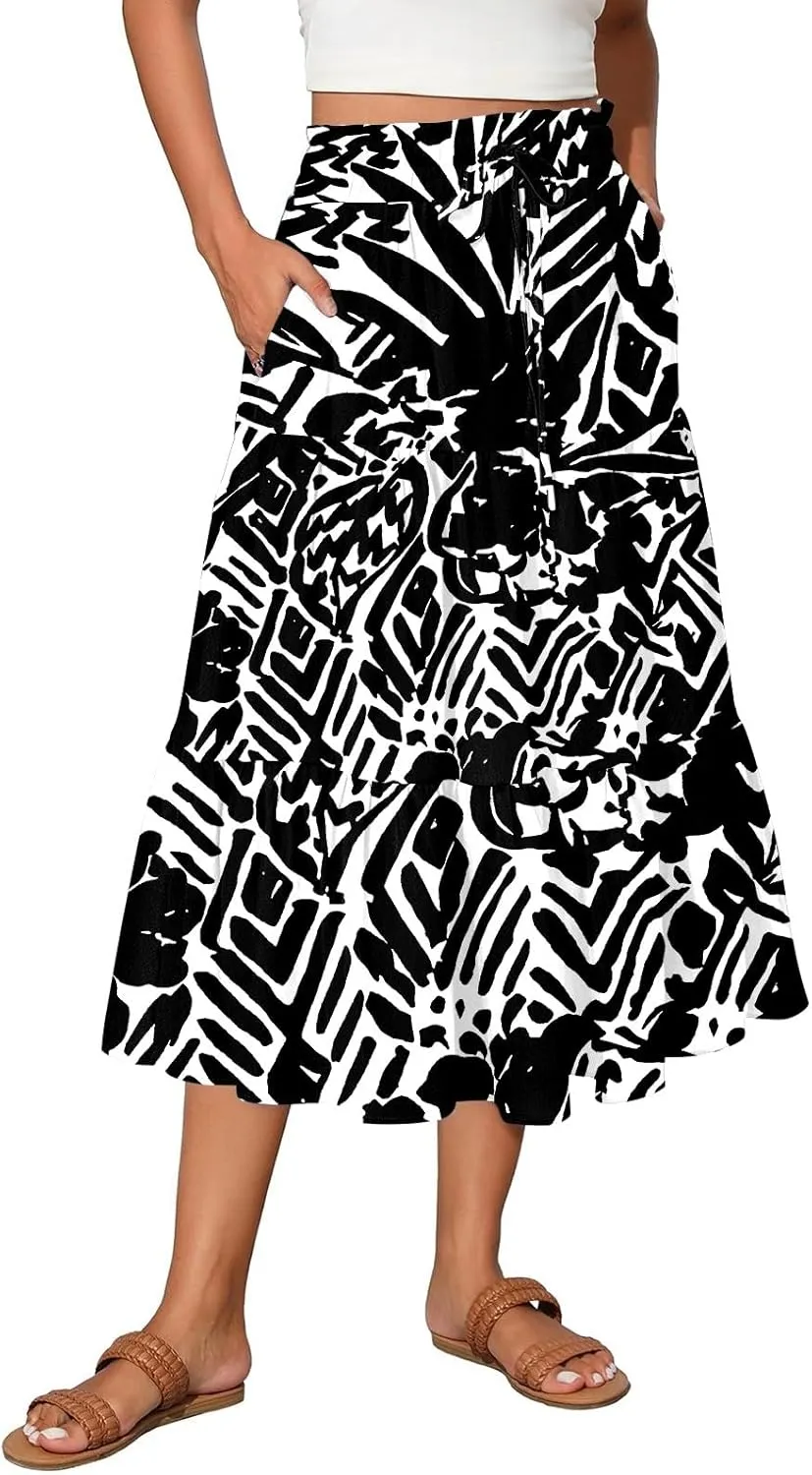Pleated Skirts for Women Floral Print Midi Maxi Skirts 2025 Summer Casual Aline Elastic High Waist Flowy Long Skirt Pockets