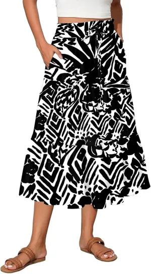 Pleated Skirts for Women Floral Print Midi Maxi Skirts 2025 Summer Casual Aline Elastic High Waist Flowy Long Skirt Pockets