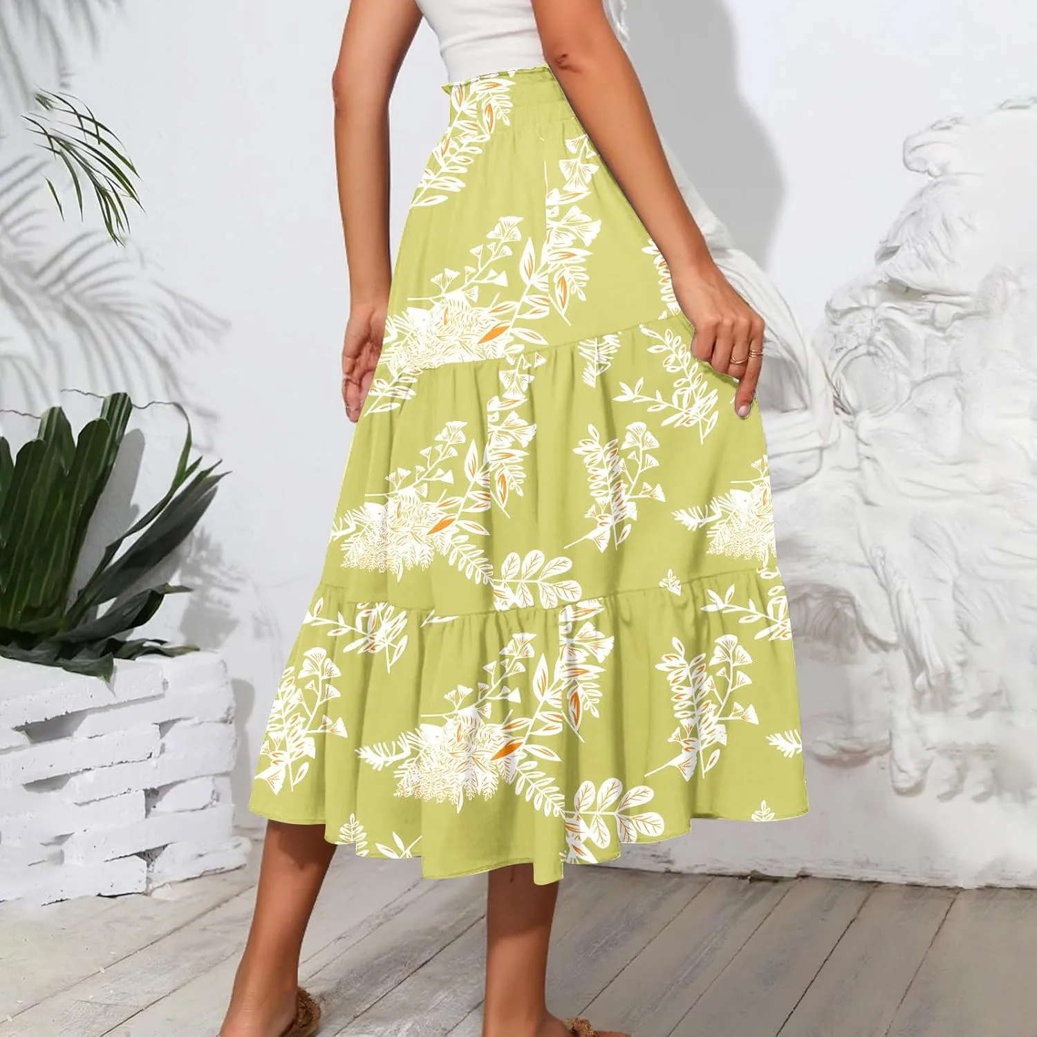 Pleated Skirts for Women Floral Print Midi Maxi Skirts 2025 Summer Casual Aline Elastic High Waist Flowy Long Skirt Pockets