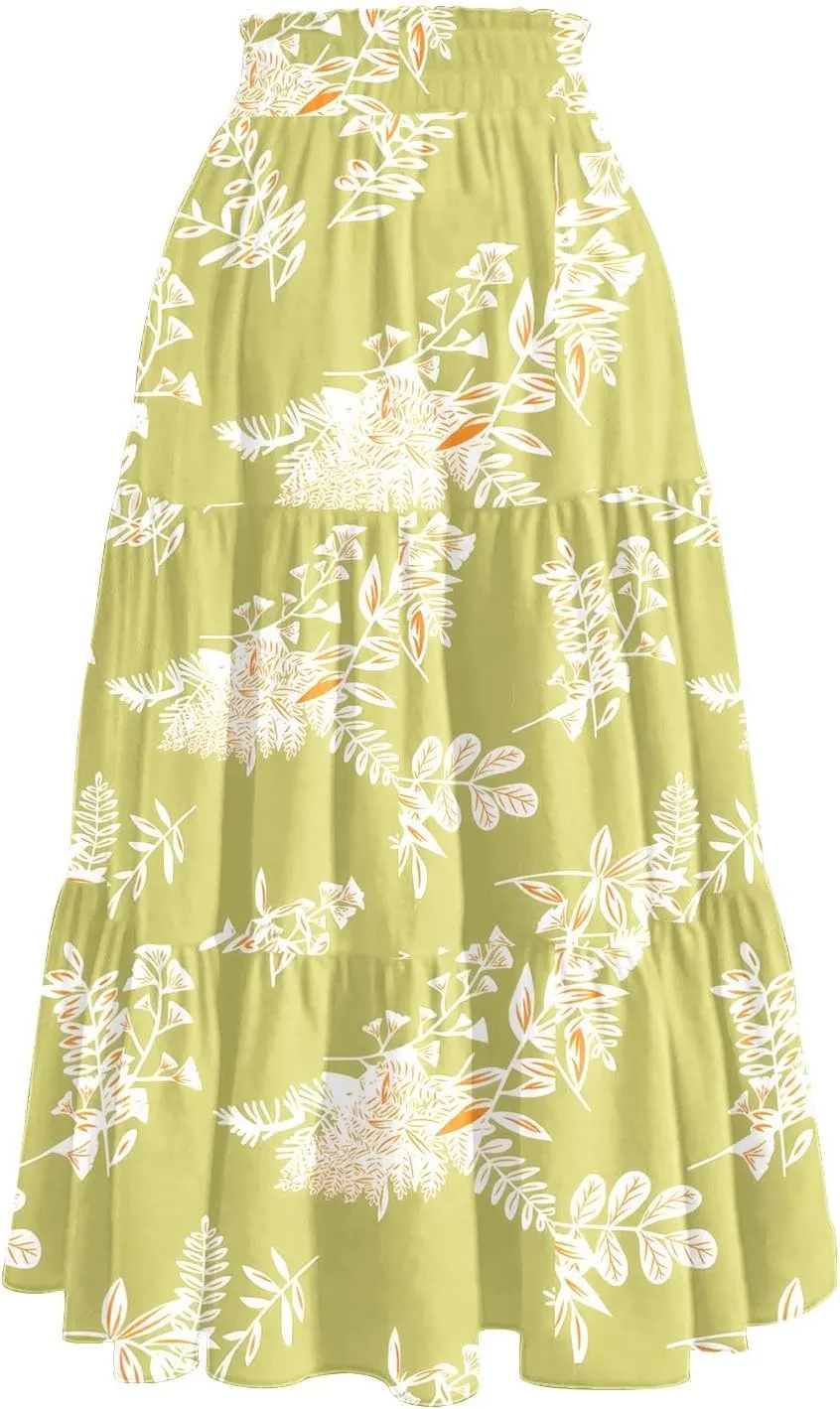 Pleated Skirts for Women Floral Print Midi Maxi Skirts 2025 Summer Casual Aline Elastic High Waist Flowy Long Skirt Pockets
