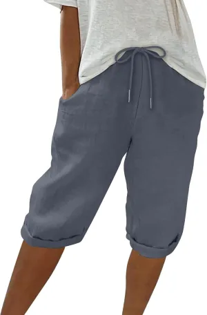 Plus Size Capri Linen Pants for Women Summer Gray Linen Womens Dress Pants Wide Leg with Pockets Lounge Pleated Capri Comfy Fit Pant Trendy Trendy Running Drawstring Trousers Gray M